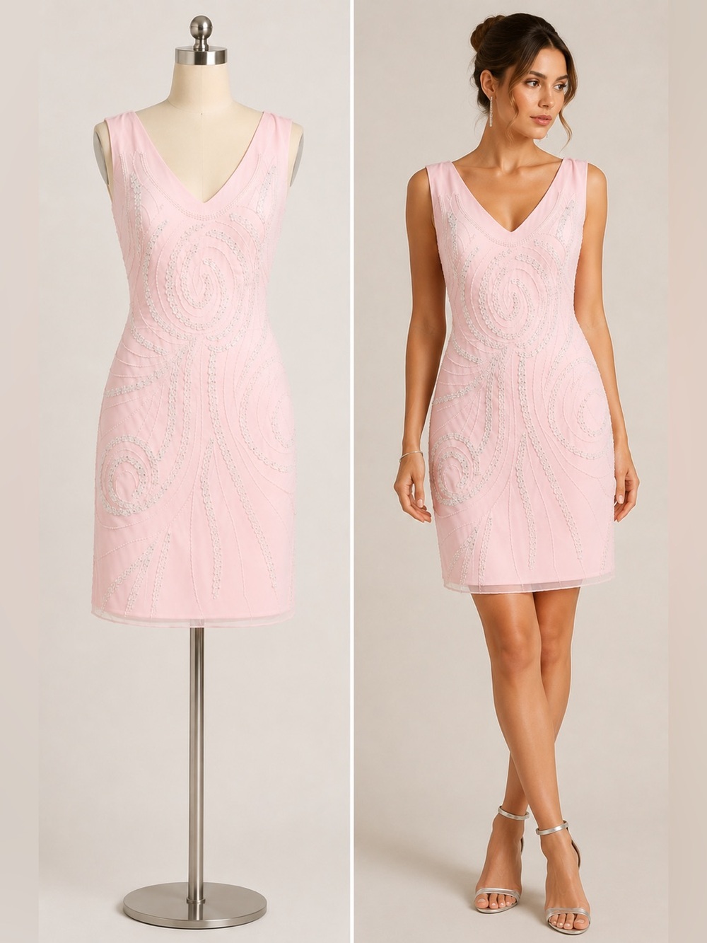 Pink Sleeveless V-Neck Beaded Formal Dress With Back Zipper Polyester Elegant